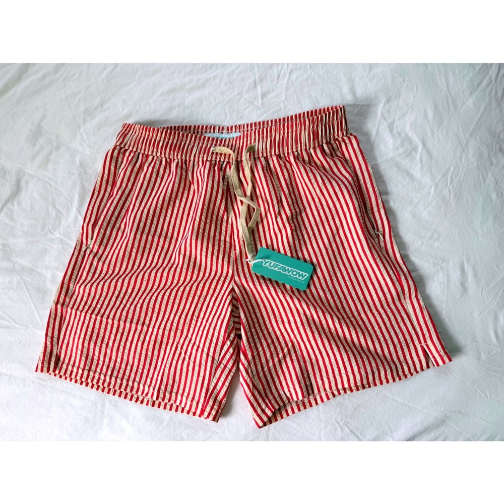 Yufawow Mens Red White Striped Swim Shorts Seersucker Trunks Large NEW